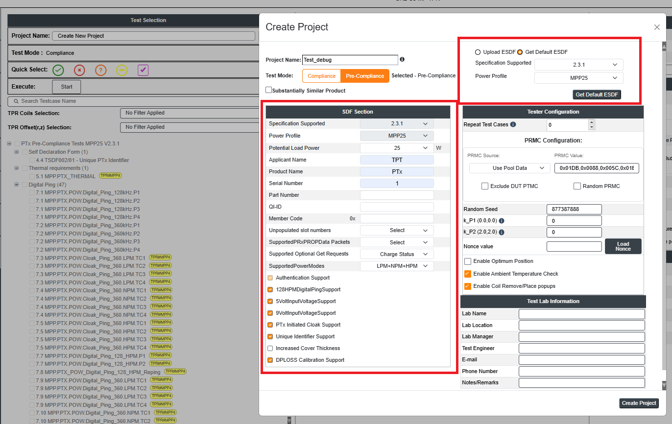 Figure 1: Creating Sample ESDF using Pre-compliance mode in MPP-TPR Compliance Test Software