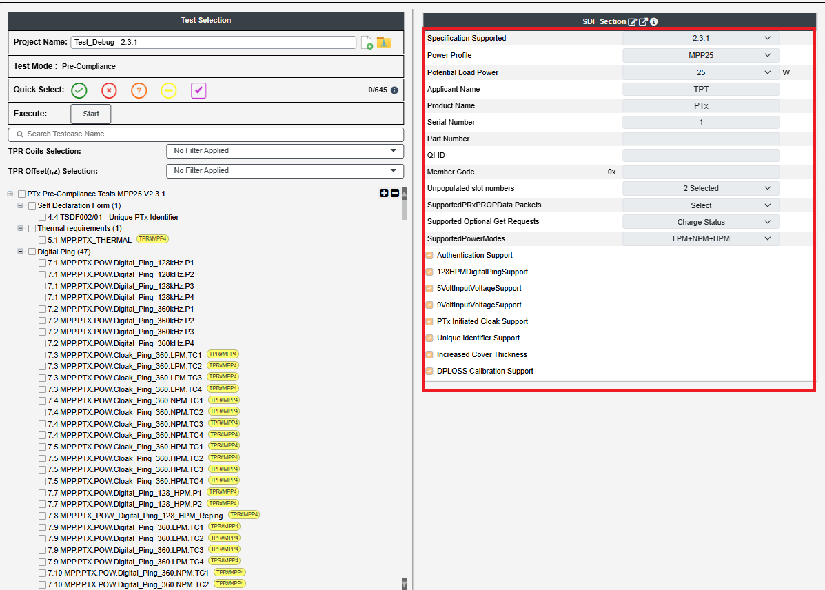 Figure 2: Sample eSDF File Loaded in Compliance Mode – MPP-TPR Compliance Test Software