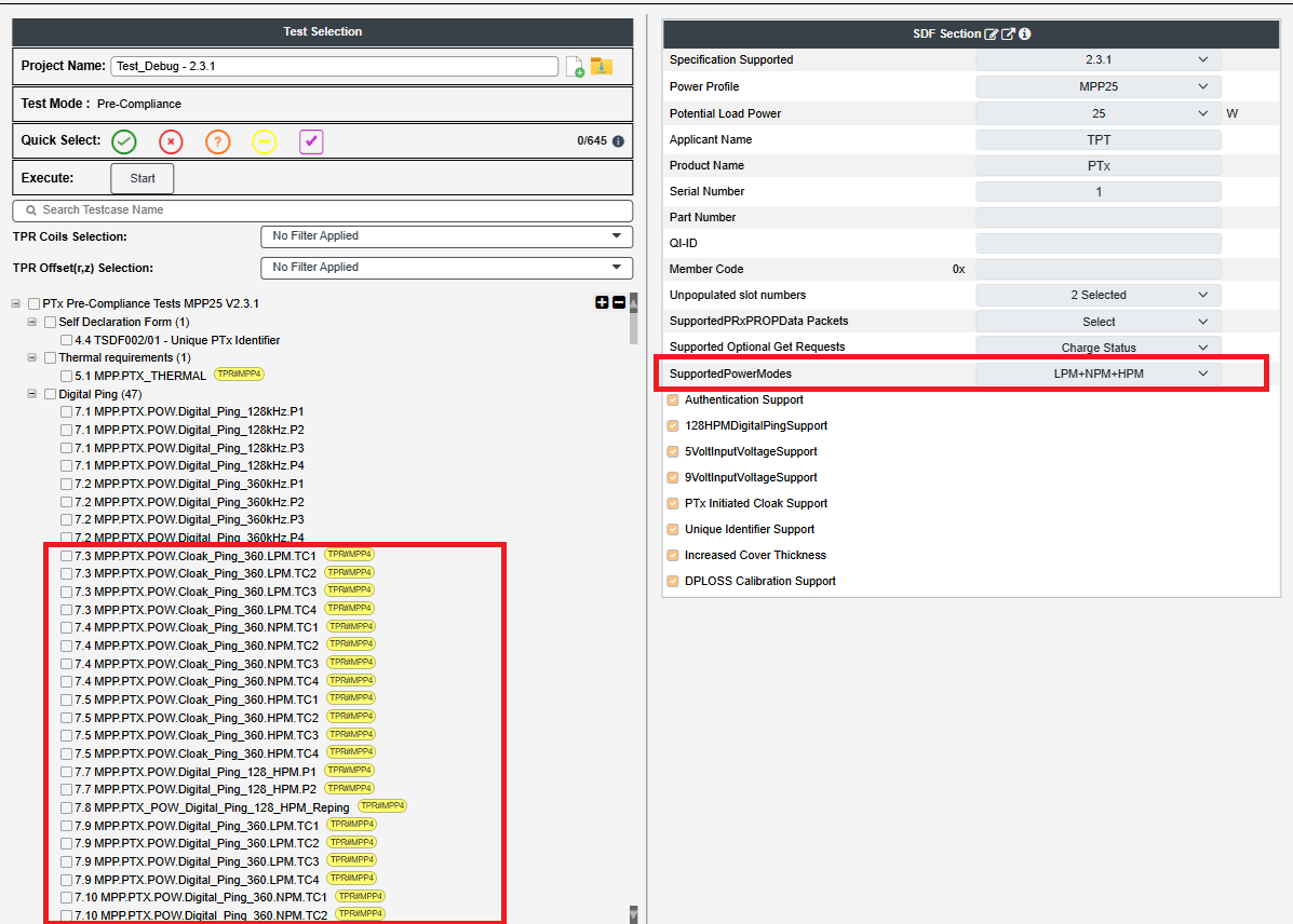 Figure 4: MPP-TPR Compliance Test Software displays the “LPM+NPM+HPM” applicable tests when “LPM+NPM+HPM” is selected as the Supported Power Mode in the eSDF