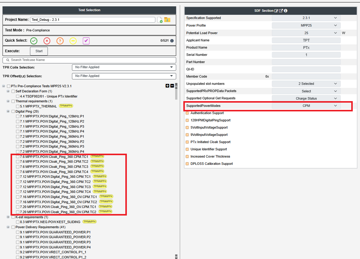 Figure 5: MPP-TPR Compliance Test Software displays the “CPM” applicable tests when “CPM” is selected as the Supported Power Mode in the eSDF